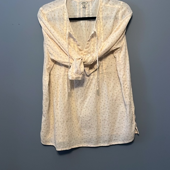 LL Bean Cream Floral Peasant Pleated Bib Tie Collar Blouse Long sleeve Cotton L - Picture 4 of 13
